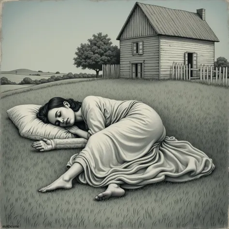  etching woman sleeping, Background farmhouse 