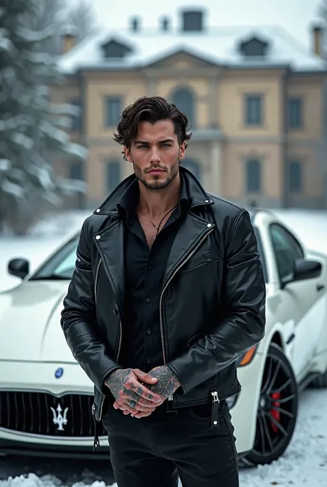 male, dark brown hair, leather jacket, tattoos on his hands. muscular. standing in front of a white maserati. in the background a willa in winter. he has a dominant charisma and a dark aura, dangeruos aura
