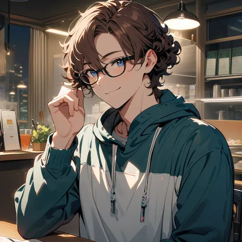   Ultra-fine,masterpiece, Awards, Best Quality ,1 person,    handsome man ,Brown Hair,23 years old,Glasses,Introvert,moonlight,Cafeteria at night,   short hair, Curl perm,  The best smile ,  hoodie, headphones,