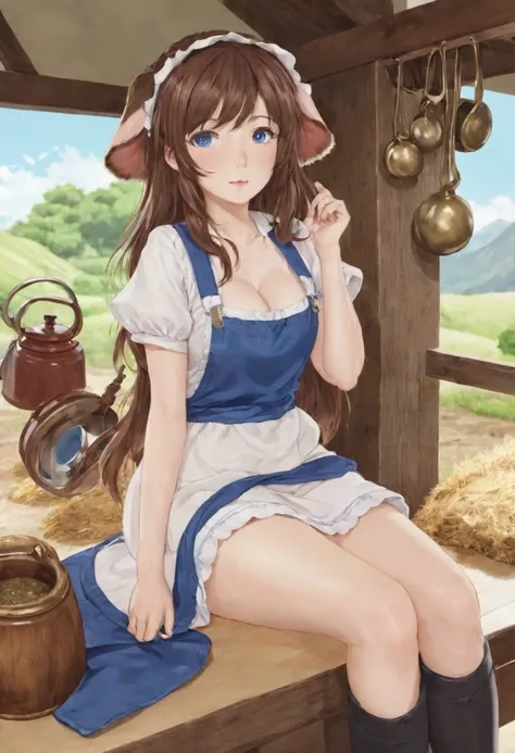 score_9, score_8_up, score_7_up, nai3,1girl, Mater(Isekai:slow_life), large breasts, cow girl, cow horns, cow tail, bell, blue eyes, brown hair, pink apron