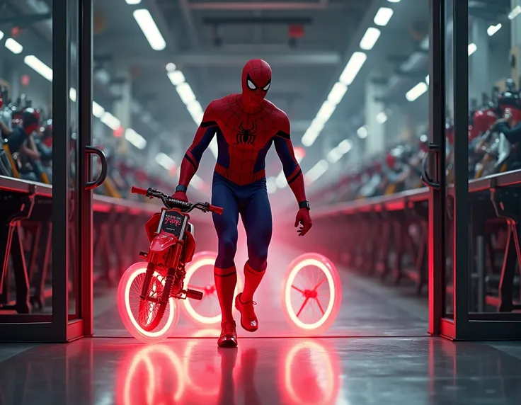 spiderman running while coming out of the bicycle manufacturing factory carrying a small bright red dirt bike for  ren the dirt bike is glowing, modern bicycle manufacturing factory background daytime atmosphere, full body shot, realistic hd