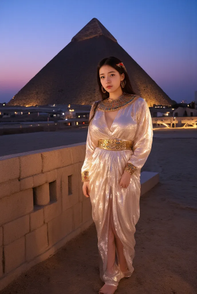 nsfw film photo, a beautiful sexy korean girl wearing ancient egyptian robes, standing in the shadow of an egyptian pyramid at d...