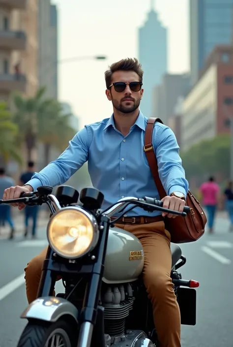 Generate a side wise image of a man in blue formal shirt and a tan coloured trouser with a formal leather office bag riding a royal Enfield bike