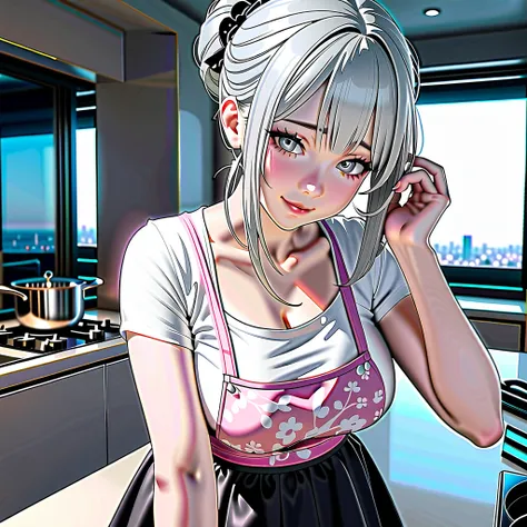 1 Japanese cute girl with silvery white hair in an intricate asymmetrical updo. The back of her hair is bunched high and short with the ends fanning out. The left side of her hair frames her face with long, loose strands, while the right side of her hair i...