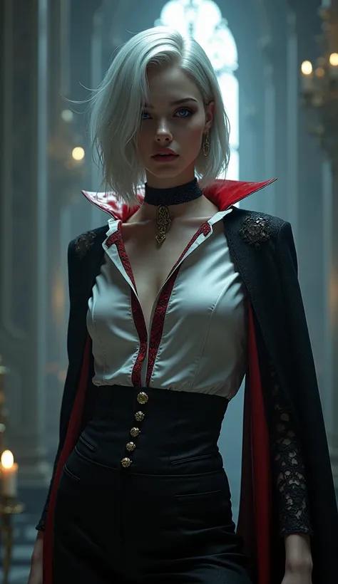 a beautiful 25-year-old British vampire woman of royal blood with beautiful short straight silver hair in Gothic style, dark purple pupils shining, pale skin, 1 size female breast, full height 1.99 meters, dressed in a silver shirt with red decorative lini...