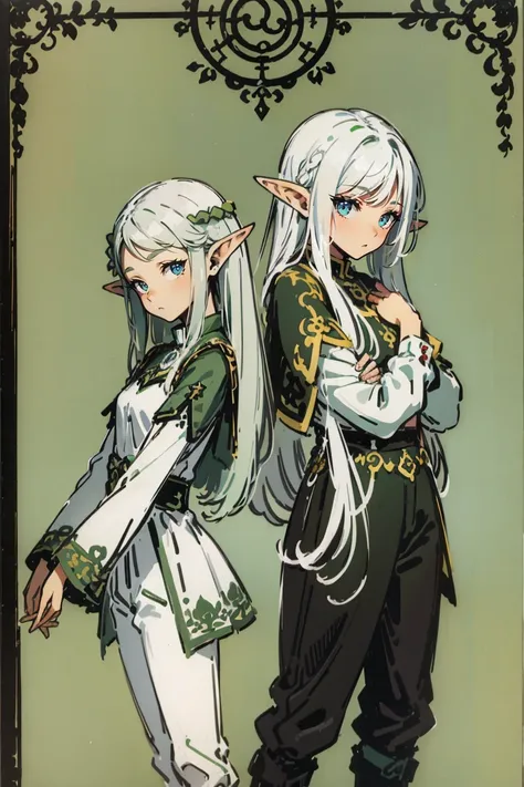 

((masterpiece)),(((best quality))),(character design sheet, same character, front, side, back), elven woman, ((side view:0.5)) anime girl, Gesture, character design. ((green eyes)). 1girl, solo, teenager, ((white hair)), ((green eyes)), pants, long sleev...