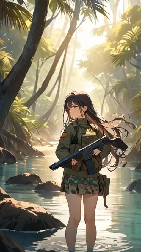 1 girl, (Calm expression),  long hair,  Loose Wavy Hair ,  Tactical Jackets,  Camouflage Skirt,  small breasts,  Figure Holding a Gun , break,   In the Warm Sun , ( Soft Light :1.2), Natural shades,  Vibrant Atmosphere ,  break,   Rich Mangroves, Shadows o...