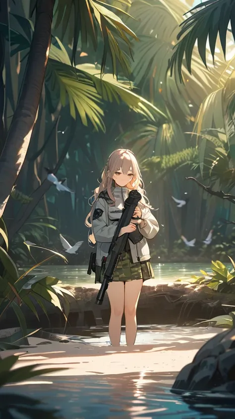 1 girl, (Calm expression),  long hair,  Loose Wavy Hair ,  Tactical Jackets,  Camouflage Skirt,  small breasts,  Figure Holding a Gun , break,   In the Warm Sun , ( Soft Light :1.2), Natural shades,  Vibrant Atmosphere ,  break,   Rich Mangroves, Shadows o...