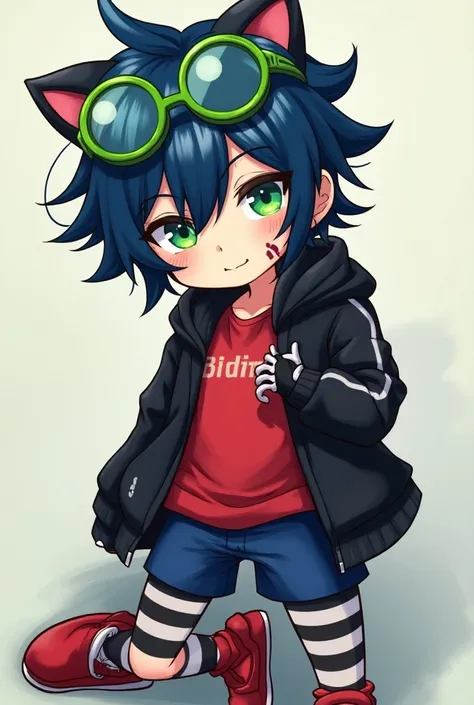 anime line, boy with blue and black hair ,with hedgehog ears ,fringe,  green-eyed, scars on the cheeks, red shirt, Black sweatshirt, blue shorts, black and white gloves ,  black and white stripes on the legs and red shoes,  green glasses on the head