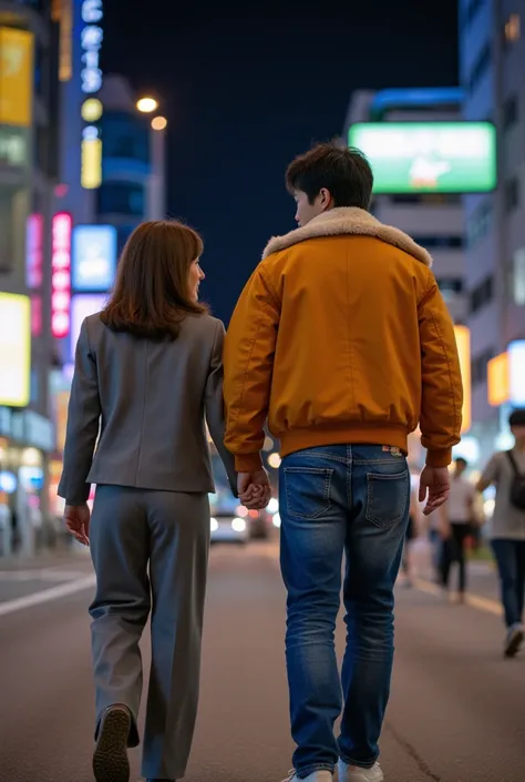 A Japanese mature woman in her 60s with brown hair and a grey pantsuit is walking arm-in-arm with a young Japanese man wearing an orange flight jacket and denim pants, chatting as they head towards the hotel entrance in the night citys glittering neon down...