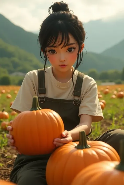 1girl in a rural japanese countryside field, working diligently to harvest pumpkins, beautiful detailed eyes, beautiful detailed lips, extremely detailed eyes and face, long eyelashes, wearing work clothes, warm sunlight, natural color tones, muted colors,...