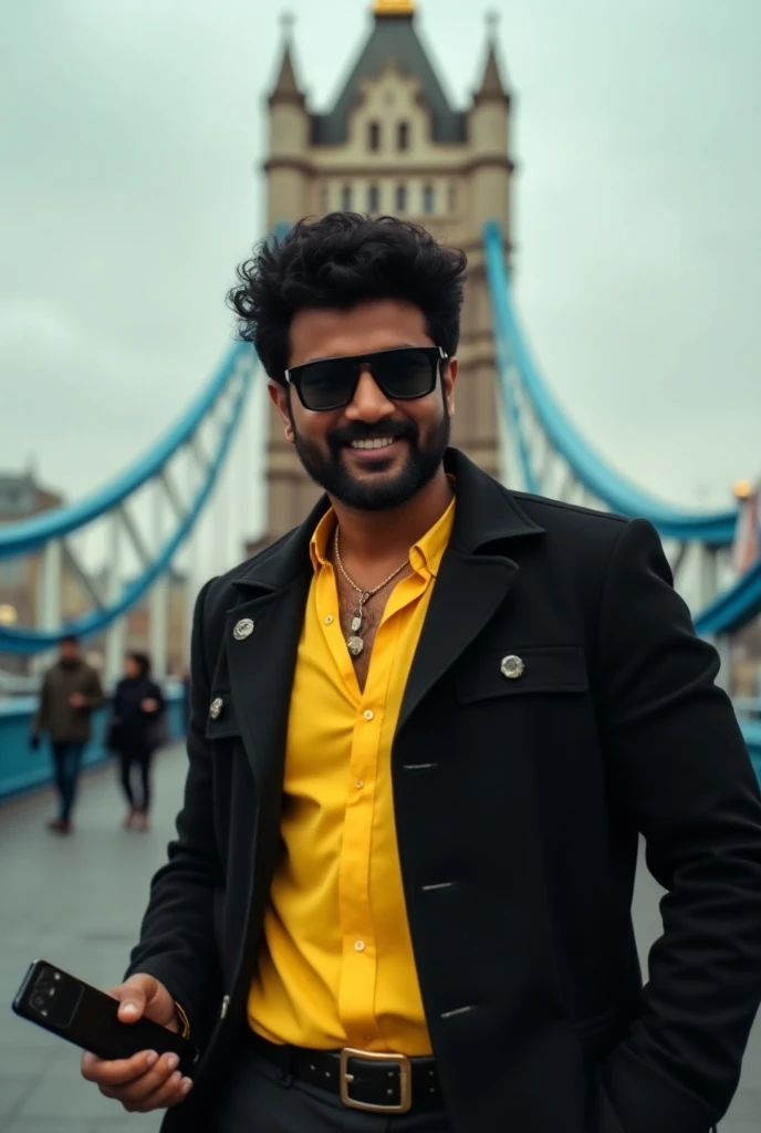 Thalapathy vijay at london bridge with black jacket, yellow shirt, sunglasses, hearpod, Samsung S23 ultra phone, curly messy hair, effortless cool look and normal cute smile