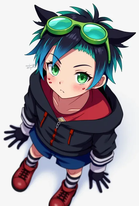 anime line, boy with blue and black hair ,with hedgehog ears ,fringe,  green-eyed, scars on the cheeks, red shirt, Black sweatshirt, blue shorts, black and white gloves ,  black and white stripes on the legs and red shoes,  green glasses on the head