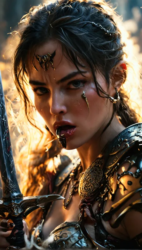 masterpiece, Best Quality,  high detail,  RETINA, Semi-realistic、Warrior woman licking a sword、 Closeup 