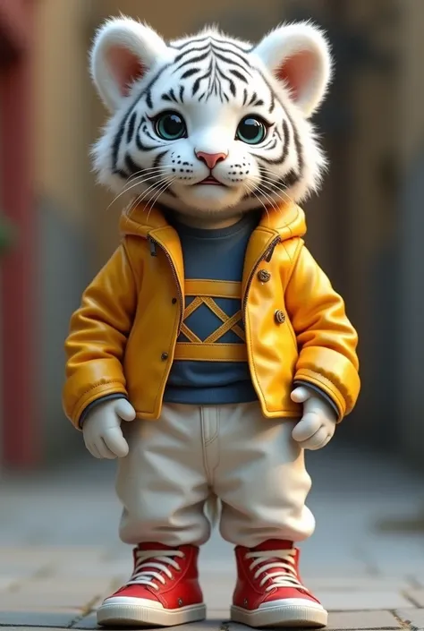  super cute white tiger baby 、 standing like a human being in casual fashion。yellow leather coat 、 white pants made of vinyl fabric 、 sneakers、Red trainer、