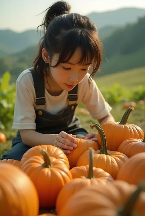 1girl in a rural japanese countryside field, working diligently to harvest pumpkins, beautiful detailed eyes, beautiful detailed lips, extremely detailed eyes and face, long eyelashes, wearing work clothes, warm sunlight, natural color tones, muted colors,...