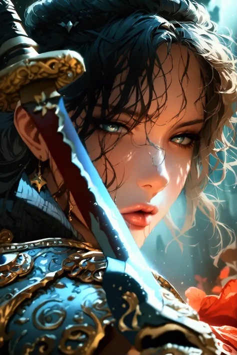 a woman warrior licking a sword, closeup, masterpiece, highest quality, extremely detailed, retina-ready, semi-realistic, intricate details, cinematic lighting, dramatic atmosphere, fantasy, dark moody colors, depth of field, chiaroscuro, dramatic shadows,...