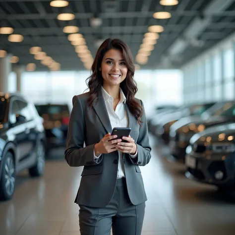 Hd image of lady customer relationship executive in vehicle showroom in kerala, wearing suits holding phone in hands