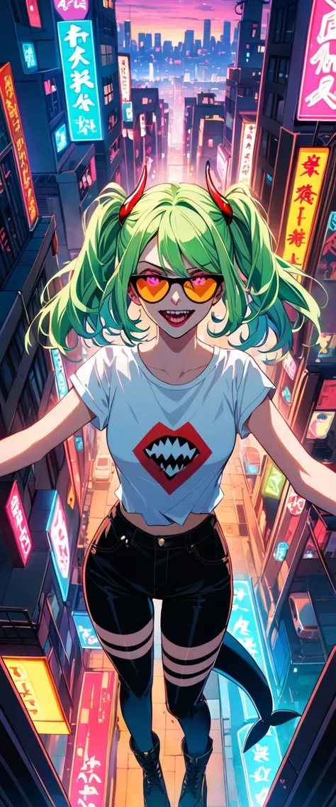 1 Girl,过大的White T-shirt，High bust，（Lower chest），sunglasses 1 .8、 blurry background ， blurred foreground ， green fluorescent hair，fluorescent red eyes ，Harley Quinn，  raise hands to touch hair  ，Long hair， Messy Hair ， low-waisted denim pants ，Over the knee...