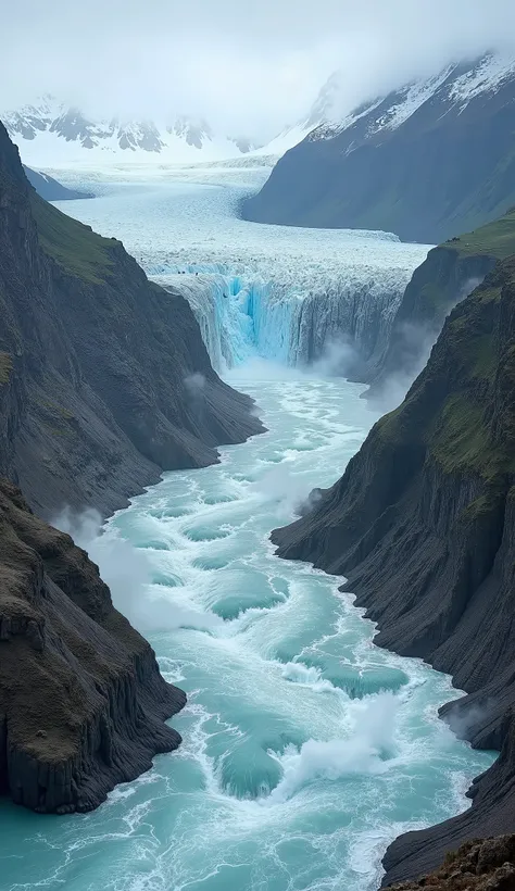 A breathtaking, wide-angle shot of glacial meltwaters rushing through a valley, eroding the land and forming violent, frothing rivers. Surrounding mountains are capped with melting ice, and chunks of glacier are breaking off into the raging waters below, a...