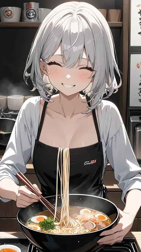  1 girl, solo,  high resolution on down, chest, smile,  shortcuts, Silver Hair, high resolution on down, masterpiece,  shortcuts, Aperture F1.2,Fair skin,anime, slender, style is good,young, no background,Making Ramen,Drain the hot water from the noodles a...