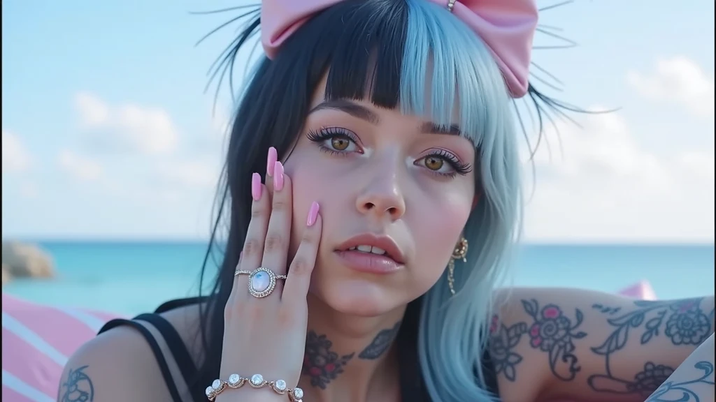  Face of the singer Melanie Martinez wearing a cute light pink dress half black half light blue hair with mullet fringe, light makeup, with cute tattoos ,  transparent crystal heel ,  and some rings on her fingers , And a full body photo necklace , and a l...