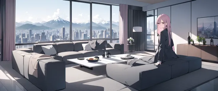 straight hair, light pink hair, full body, wearing overcoat, buttoned up, burgundry coat, rose eyes, sitting in a large, lively, modern living room on a high skyscraper with dark grey, rectangular couches and a small coffee table. A very large glass wall s...