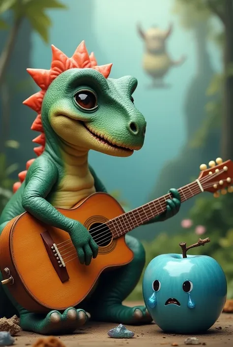 Dinosaur with a guitar and the blue apple next to it crying 