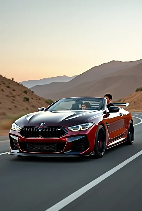 Semi-black semi-red BMW M8 cs with a boy rides on Uzbekistan road, 