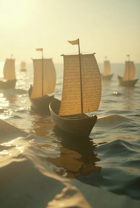 Surrealistic photo of a harbor where ships are crafted from old love letters, their sails and hulls made of folded, handwritten pages. A vast sea of love letters, each written in delicate, faded handwriting, stretches across the landscape, creating waves u...