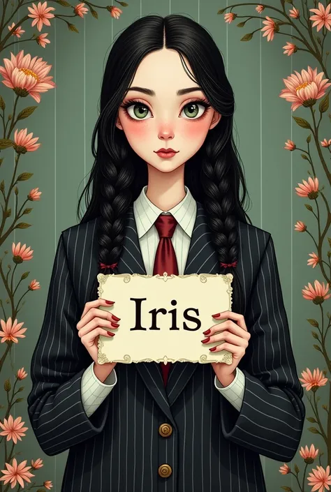 Image mignonne mercredi addams qui tient une pancarte avec le prenom Iris