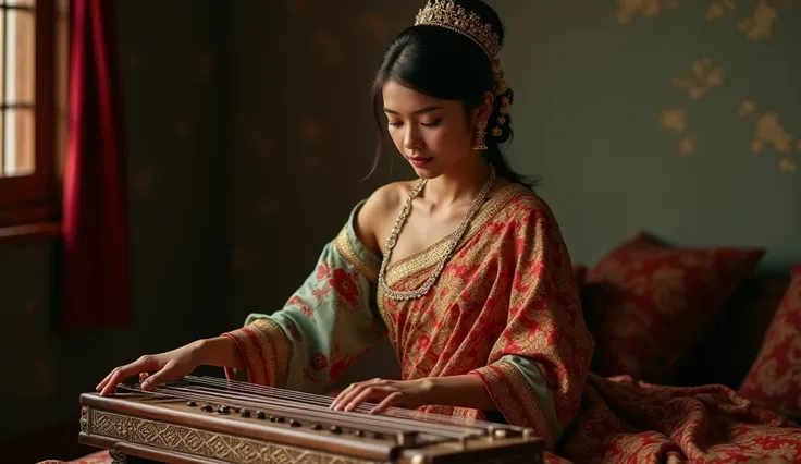 A Asia woman in traditional dress javanese, A sexy female with sharp Javanese features in a expensive traditional outfit playing a Gamelan, White Skin, Beauty