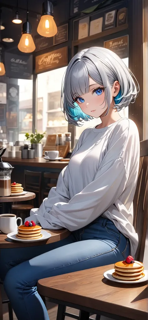 Ultra high resolution, rich colors, perfect image, best quality, detailed image, beautiful single woman, glowing skin, skin and clothing texture, delicate eyes, coffee shop, pancakes on table, tea, sitting on chair, round shirt, tight jeans, (((silver bob ...