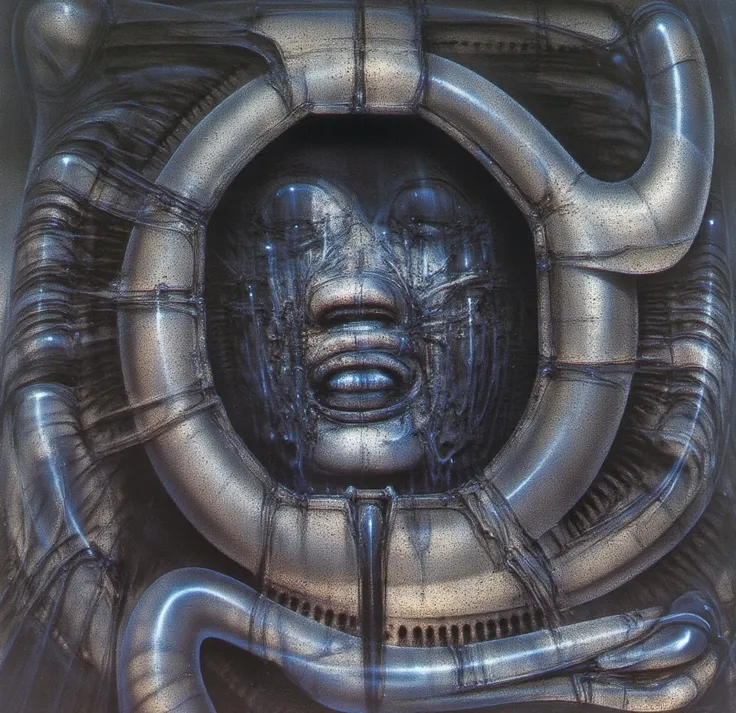 H. R. Gigers g1g3r, , Giger_style, The image is a detailed view of H.R. Gigers " NECRONOM IV " plate, featuring . The artistic manner would be unmistakably Gigeresque. A dark and unsettling beauty would permeate the piece, blurring the lines between fascin...