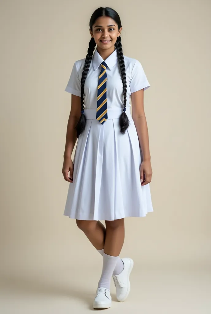 a beautiful cute young teen girl, sri lanka , big breasts size , wearing white frock uniform, color tie , white shoes and socks ...