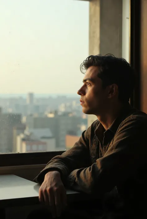 A solitary man sitting in a minimalist contemporary cafe, staring pensively out the window at a distant urban cityscape. Soft, diffused natural lighting illuminates the scene, emphasizing the feeling of loneliness and introspection. His expression is dista...