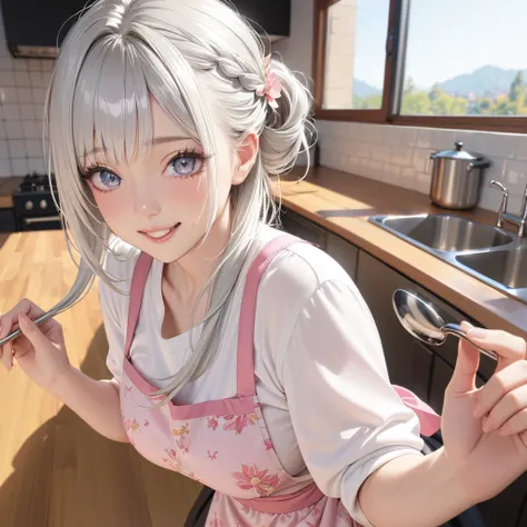 1 Japanese cute girl with silvery white hair in an intricate asymmetrical updo. The back of her hair is bunched high and short with the ends fanning out. The left side of her hair frames her face with long, loose strands, while the right side of her hair i...