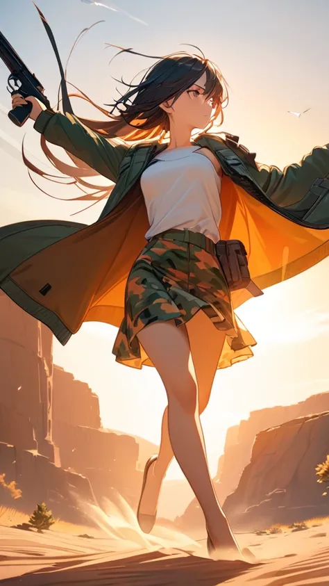 1 girl, (Calm expression),  Tactical Jackets,  Camouflage Skirt,  small breasts,  Figure Holding a Gun , break,   Bright Sunlight, (Warm Light:1.3), Tones of Nature ,  Strong Atmosphere ,  break,   Rough Prairie , Dry Wind , Sand dancing in the wind, natur...