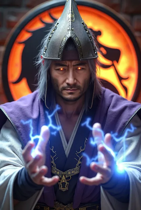  high detail ,  realistic, HDR,  Super clearly , 5D, 1800K , Ultra HD, High-Dynamic Range + Low Noise, The character from the game Mortal Combat is an adult Asian Raiden cruel look glowing eyes, serious face, metallic golden purple Japanese cone shaped Cas...