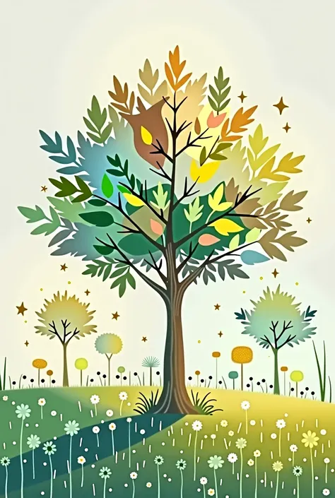  Lisa Larson Style  、IllustrationアートPop Stylish Illustration  、      transparent pastel leaf tree   々    、 leaves of different colors one by one 、Colorful leaf colors 、Tree leaves with a gradation color from light green to light blue、Breathtaking design   ...