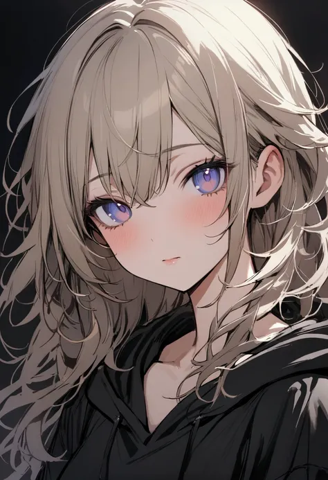 one girl, pretty face, periwinkle eyes, ash blonde, messy hair,  chest-length hair, loose fit black hoodie, needy, slim figure, close up, masterpiece, best quality