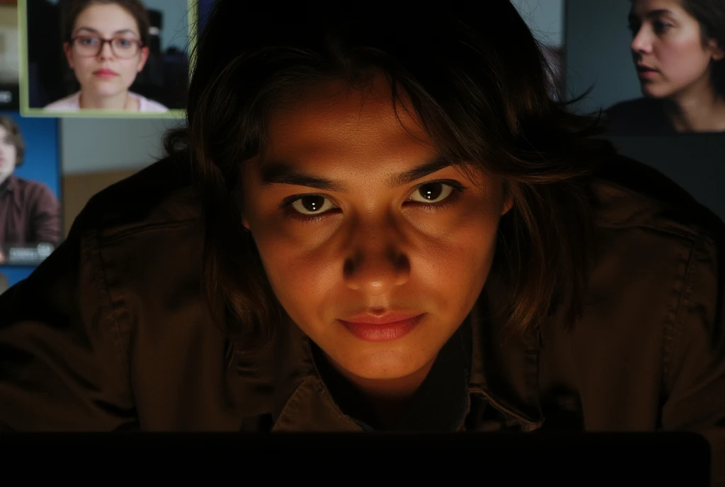 Close-up of a persons face illuminated by the glow of a laptop screen during a video conference. Multiple faces are visible in the background, but the central figures expression is one of detachment and disinterest. The scene highlights the supeciality of ...