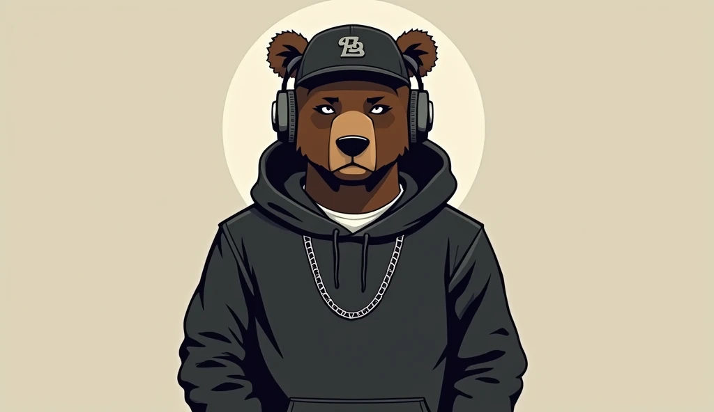 Create a minimalist logo featuring a black man with a bear-like aesthetic, embodying a hip-hop vibe. The character should have a relaxed, confident expression, wearing accessories like headphones, a backwards cap, or a hoodie to convey a modern street styl...