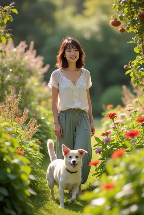  A petite Asian woman in her 40s is in her garden with a friendly smile。A white and brown spotted dog is playing in the garden 。 soft sunshine。Peaceful atmosphere。photograph。