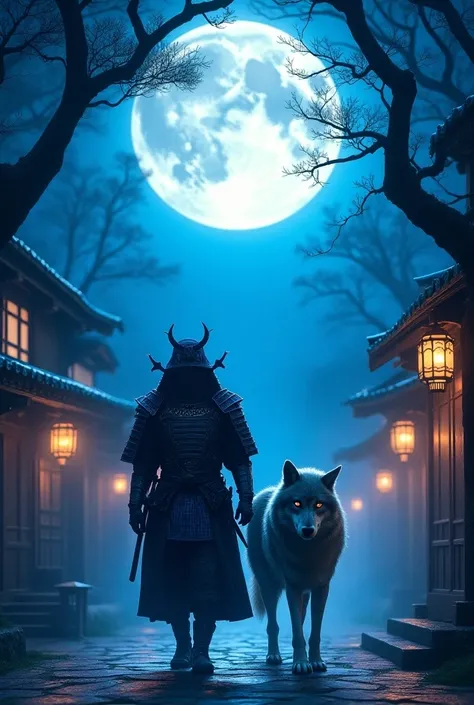 Blue samurai , Spirit,  Walking with a wolf in an enchanted village, Night sky, Full moon, realistic, Full-HD,  best quality 