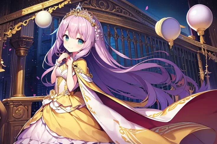 kawaii, best quality, rococo style,(long train pastel yellow cape:1.15), very long cape,(long train white ball gown with flower decorations:1.1), a girl is wearing a cape over her gown, 1 little princess, tiara, smile, very long hair, small breasts, lookin...