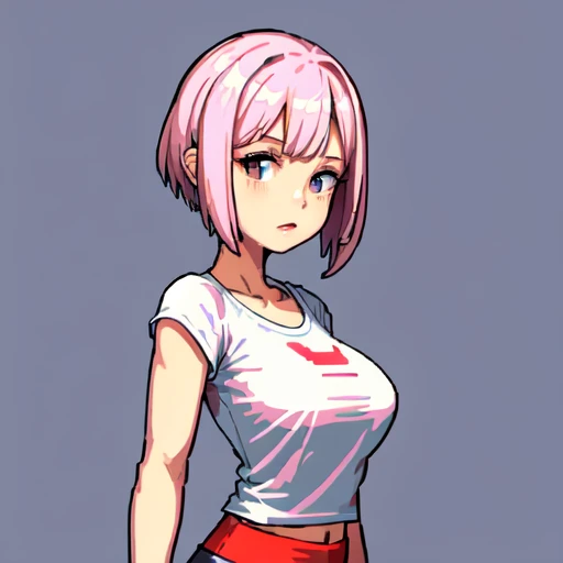 Raw photo, 1girl, medium breast, upper body, tshirt white, pink wolfcut hairstyle