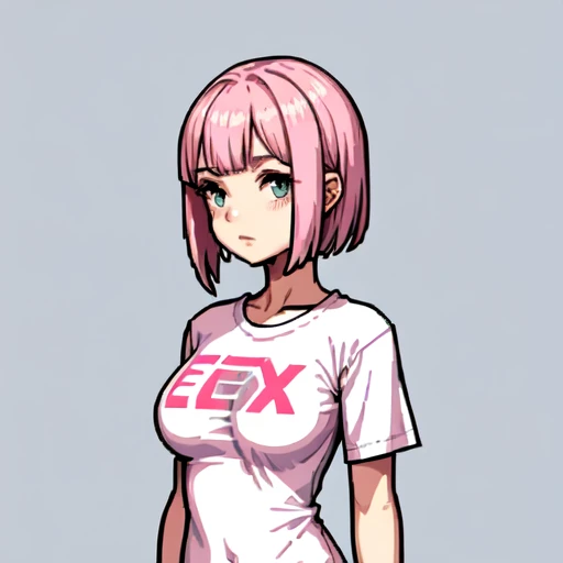 Raw photo, 1girl, medium breast, upper body, tshirt white, pink wolfcut hairstyle