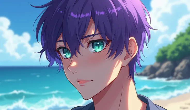 Handsome anime man with purple hair and sea eyes