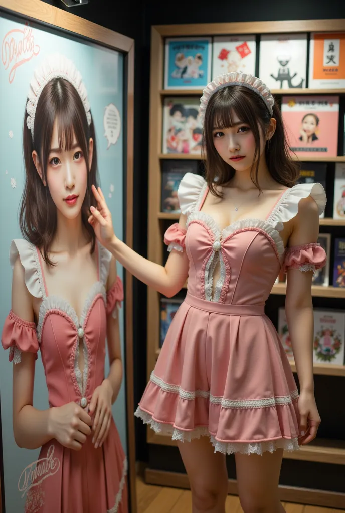 ultra-realistic, photorealistic, dramatic scene, shadow, global-illumination, solo, (teenage Japanese famous idol girl:1.5), very beautiful fragile Japanese girl, very beautiful with very cute but boyish cool face, (modern maid:1.2), (wearing a cute pastel colored maid outfits with frills:1.2), (very large breasts), slim waist, (in a bookstore, She is happy that her photo book has been released, She holds her book in her hand, The store has set up a section dedicated to her book and placed a life-size billboard of her:1.3) she is standing at the side of the billboard of her